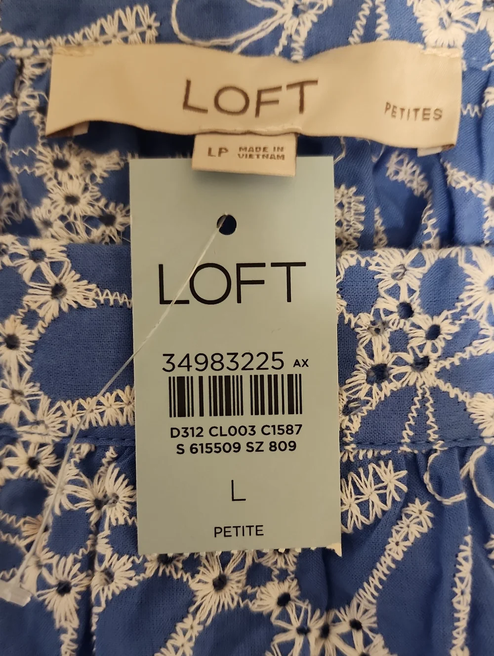 NWT LOFT Blue White Baby Doll Floral Eyelet Puff-Sleeve Top SZ LP